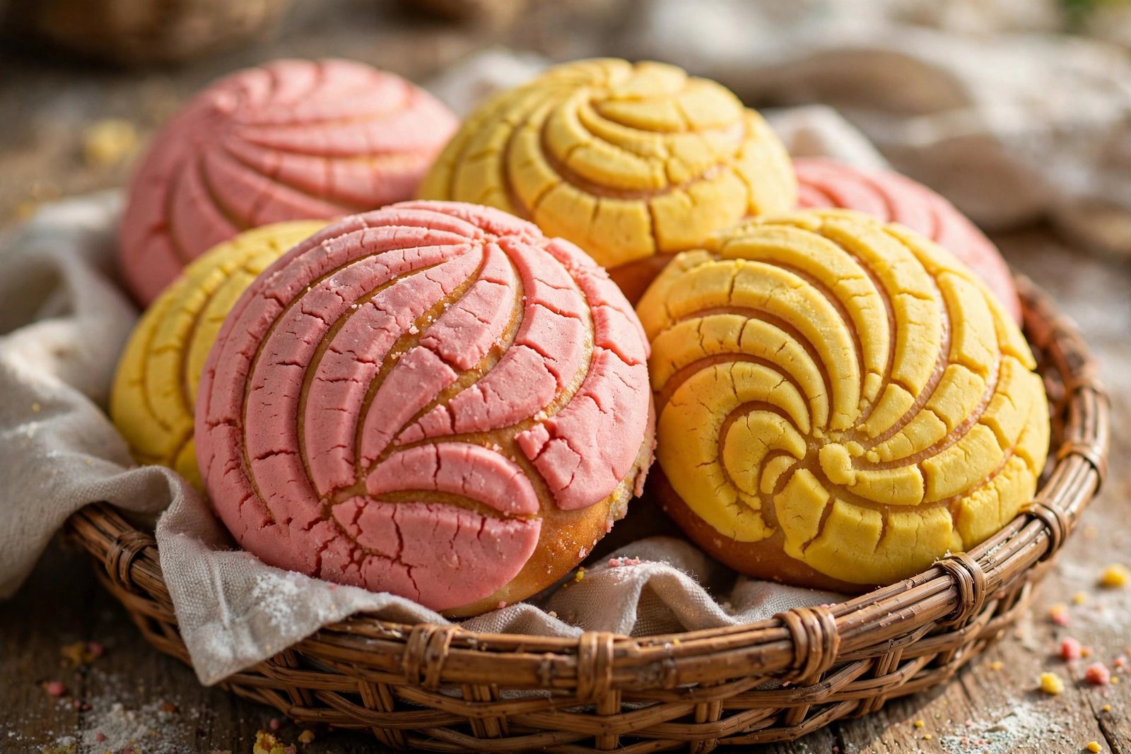 Pink and yellow conchas in a bakery basket